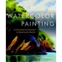 "Watercolor Painting book by Tom Hoffmann, featuring vibrant landscape cover with green and orange hues."