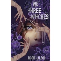 "We Three Witches" book cover with illustrated face, purple flowers, and hands holding strings.