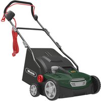 Green and black Webb electric lawn rake with red accents, 36cm width, 1500W motor, and adjustable handle.