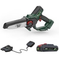 Green and black Webb cordless pruning saw with 15cm blade, 20V battery, ergonomic handle, and charger.