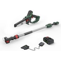 Green and black Webb cordless pruning saw with 15cm blade, extension pole, 20V 2Ah battery, and charger.