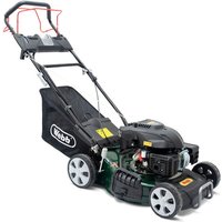 Black and green Webb self-propelled petrol lawnmower with electric start, 46cm cutting width, and rear grass collector.