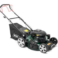 Green and black Webb 51cm self-propelled petrol rotary lawnmower with large rear wheels and grass collection bag.