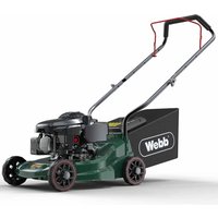 Green Webb petrol rotary lawnmower with poly deck, black grass collector, and red-handled push bar.