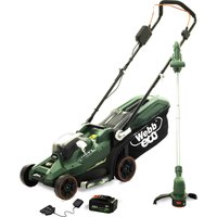 Green Webb Eco 20v cordless lawnmower and grass trimmer kit with black wheels and battery charger.