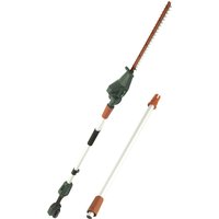 Green and orange Webb cordless hedge trimmer with long reach pole and 50cm blade.
