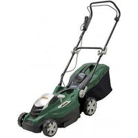 Green Webb WEER36 36cm lawnmower with black handle, four wheels, and grass collection bag.