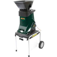 Green Webb electric garden shredder with black detachable hopper, mounted on metal frame with wheels.