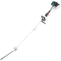 Webb WEPHT26 petrol hedge cutter with long reach, green engine housing, black handles, and silver cutting blade.