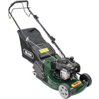 Green Webb self-propelled petrol rotary lawnmower with ABS deck, black grass collector, and four wheels.
