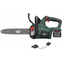 Green Webb cordless chainsaw with 250mm blade, black handle, and red safety switch.