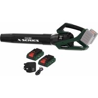 Green Webb X Series 40v cordless leaf blower with brushless motor, black nozzle, two batteries, and charger.
