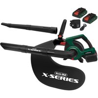 Webb X Series 40v cordless leaf blower and vacuum, green and black, with two batteries and charger.