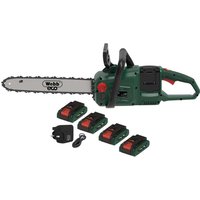 Green Webb cordless chainsaw with 400mm blade, black handle, and four red lithium batteries with charger.