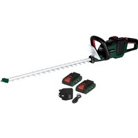 Green and black Webb cordless hedge trimmer with 610mm blade, two batteries, and charger.