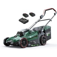 Green Webb cordless lawnmower with black wheels, red accents, 380mm cutting width, includes two batteries and charger.