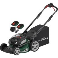 Green Webb cordless lawnmower with black grass box, dual battery slots, and self-propelled wheels.