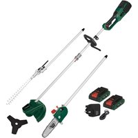 Green and silver Webb cordless garden multi tool with brushless motor, hedge trimmer, pole saw, and two batteries.
