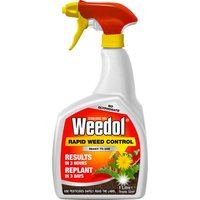 Weedol Rapid Weed Control Spray 1L, white bottle with red and yellow label, orange spray nozzle.