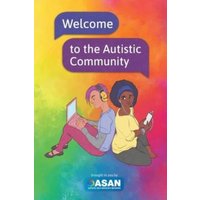 "Welcome to the Autistic Community" book with colorful cover, two people sitting, one with laptop, one with headphones.