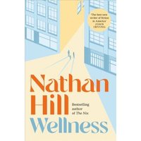 "Book titled 'Wellness' by Nathan Hill, cover with blue buildings and two figures walking in sunlight"