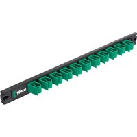 Black Wera magnetic tool rail with green holders for 11 spanners, featuring a sleek, compact design.