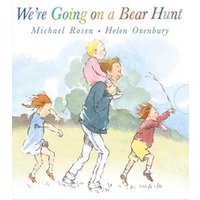 Children's book "We're Going on a Bear Hunt" with watercolor illustration of a family walking outdoors.