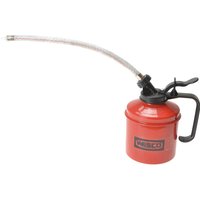 Red Wesco metal oil can with black handle and long flexible spout.
