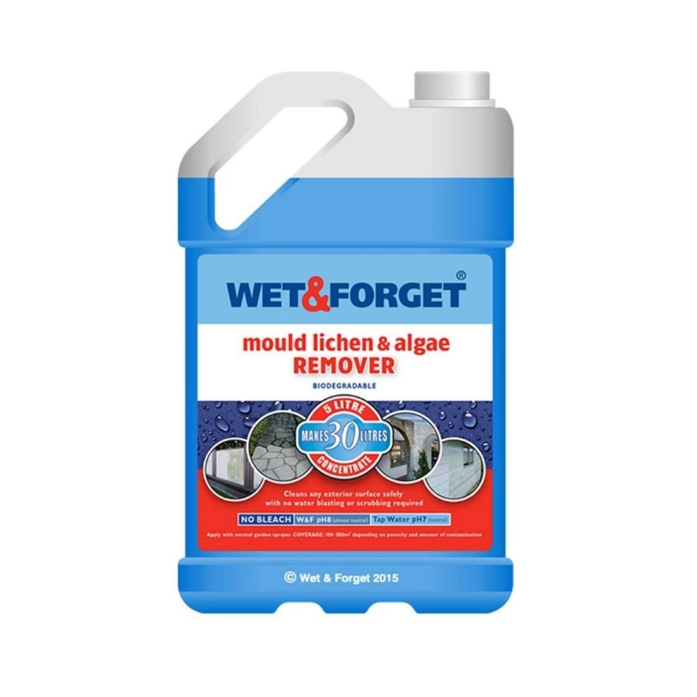 White plastic container with a blue handle, labeled "Wet & Forget Mould, Lichen & Algae Remover," featuring a red logo and images of surfaces it cleans, holding 5 liters.