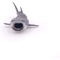 Gray whale shark figurine with white spots, wide open mouth, and detailed fins on a white background.