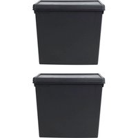 Black Wham Bam storage boxes, 92L capacity, with lids, stackable, rectangular shape, sold as a 2 pack.