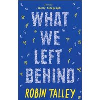 Blue paperback book "What We Left Behind" by Robin Talley with white and yellow text.
