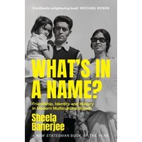 "Book 'What's in a Name?' by Sheela Banerjee, black and white cover with three people and bold yellow title text"