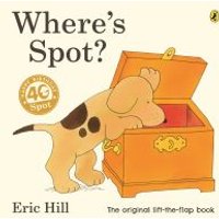 "Children's book 'Where's Spot?' by Eric Hill, featuring a puppy looking inside an open chest on the cover"