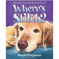 "Where's Stitch? book with illustration of a golden retriever lying down on a purple background"