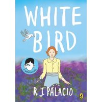 "White Bird book cover with illustrated woman in yellow blouse, lavender field, and flying bird on blue background"