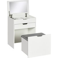 White dressing table set with flip-up mirror, single drawer, storage compartments, and matching cushioned stool.