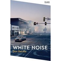 "White Noise book by Don DeLillo, cover showing a vintage car on a foggy street with traffic lights and buildings"