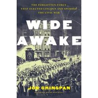 "Book cover for 'Wide Awake' featuring a historical illustration of a crowd in front of a building, yellow and white text."