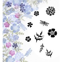 "Card-io Wild Flowers stamp set with floral and dragonfly designs in black, surrounded by colorful flower patterns"