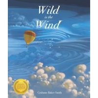 "Book 'Wild Is the Wind' with hot air balloon against a swirling blue sky and clouds, gold award sticker on cover"