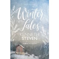 "Winter Tales book with snowy landscape, small cabin, and wolves, featuring elegant white script title."
