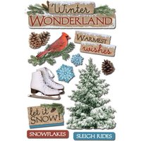 "Winter Wonderland craft stickers with pinecones, cardinal, snowflakes, ice skates, and snowy tree."