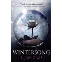 "Wintersong book cover featuring a white rose inside a snow globe with a dark, snowy background"
