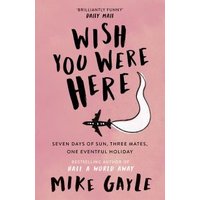 "Pink book cover 'Wish You Were Here' by Mike Gayle, features a plane with a white trail."