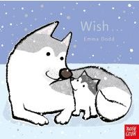 "Wish... children's book cover with illustrated husky and pup in snowy landscape, blue sky with snowflakes"