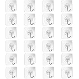 Clear adhesive wall hooks with stainless steel hooks, square base, set of 24, heavy-duty 22lb capacity.
