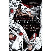"Witches book cover, black and white illustration with red accents, depicting figures and trees, by Tracy Borman"