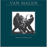 Van Halen "Women and Children First" album cover with band members in black and white on a teal background.