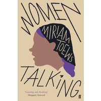 "Beige book cover of 'Women Talking' with black silhouette and purple headscarf, bold black title text."